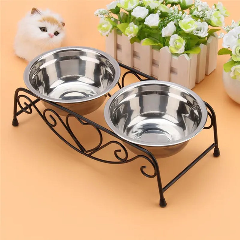 Double Stainless Steel Bowls (with Elevated Stand)