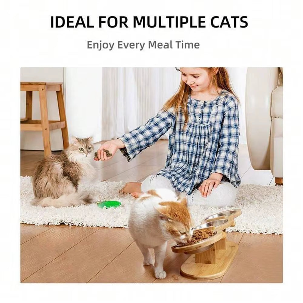 Cat 3 Bowls in 1 Feeder Feeding & Watering Supplies Food Bowl 15-Degree Tilt Raised Puppy 3 Stainless Steel Bowls Wood Brackets