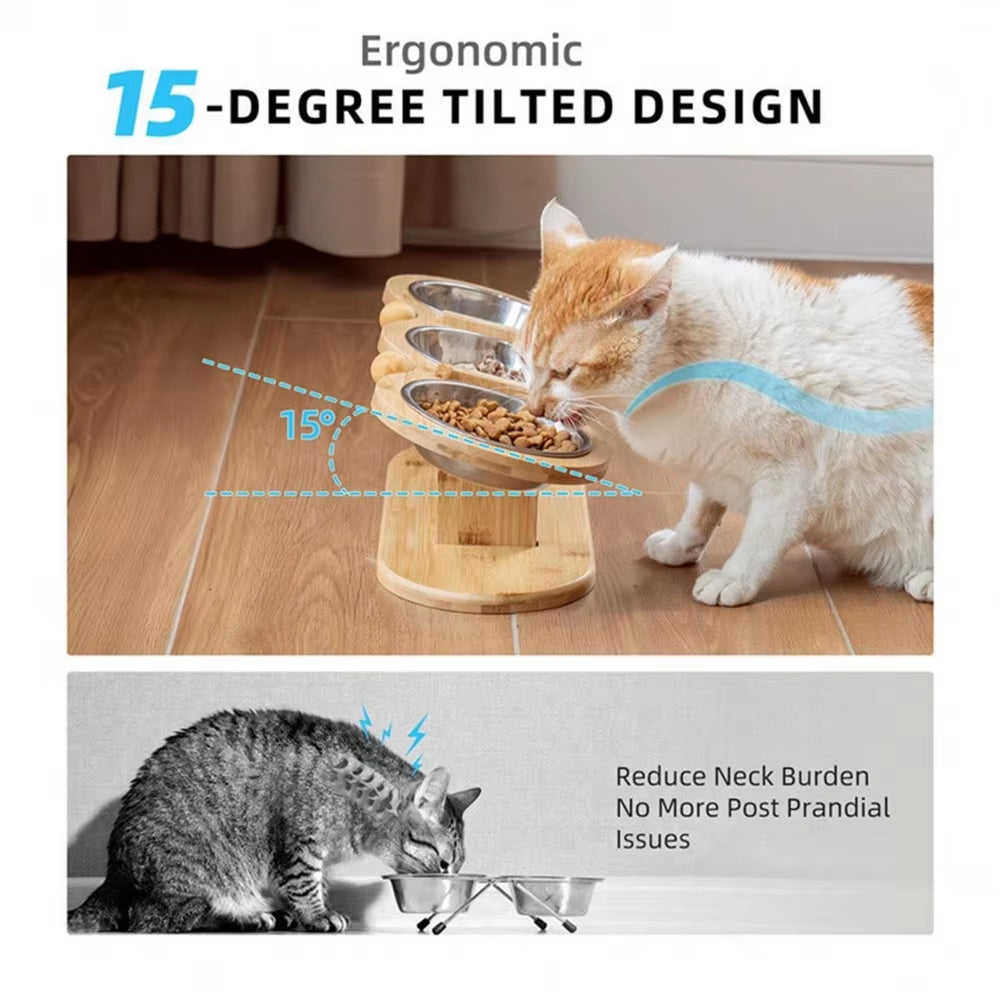 Cat 3 Bowls in 1 Feeder Feeding & Watering Supplies Food Bowl 15-Degree Tilt Raised Puppy 3 Stainless Steel Bowls Wood Brackets